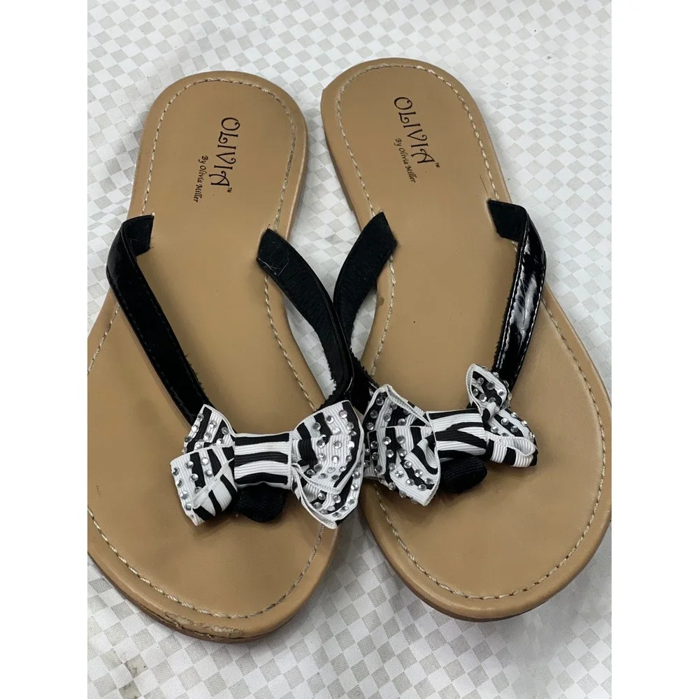 Olivia Miller Womens Flip Flop Sandals Black/White Striped Bow Rhinestone 10‎